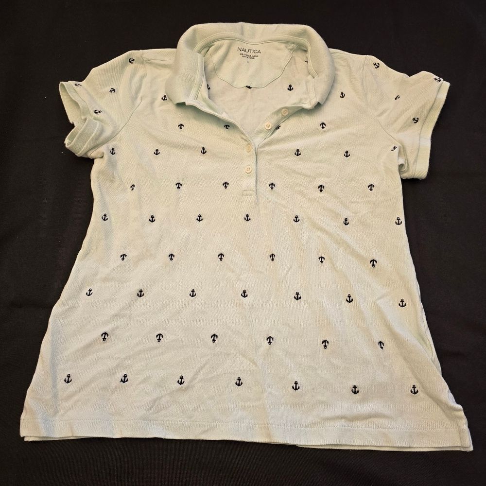 Nautica Light Blue/Green Polo Shirt with Anchor Print